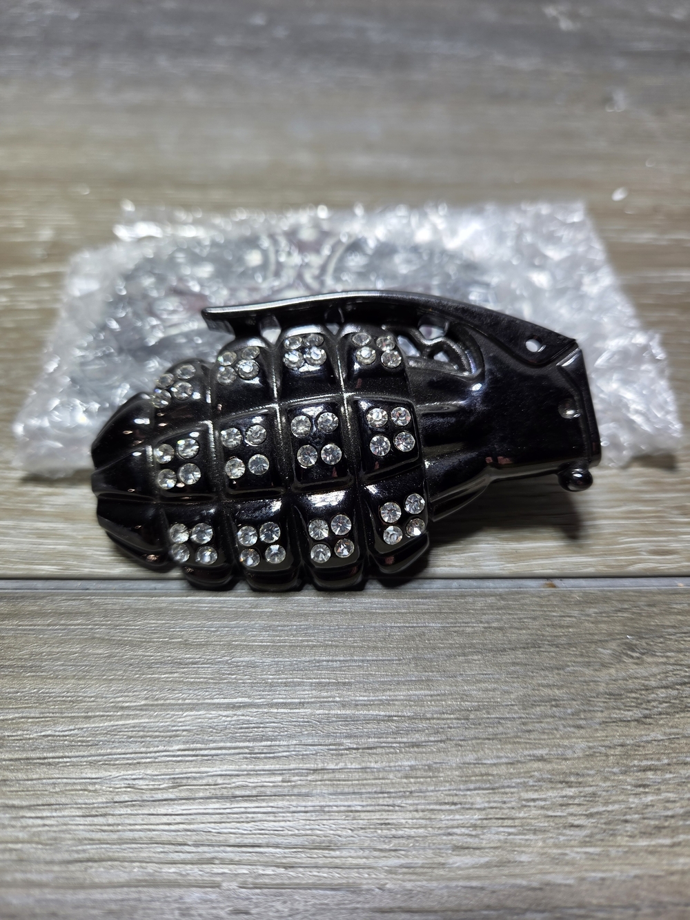Black Hand Grenade Rhinestone Metal Belt Buckle